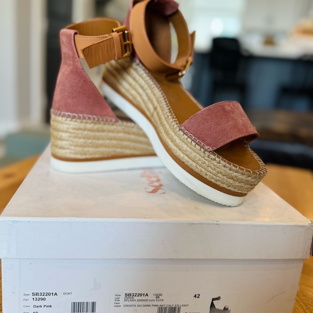 SEE BY CHLOE GLYN PLATFORM ESPADRILLE SANDALS PINK SUEDE & TAN LEATHER SIZE 42 - Picture 9 of 9
